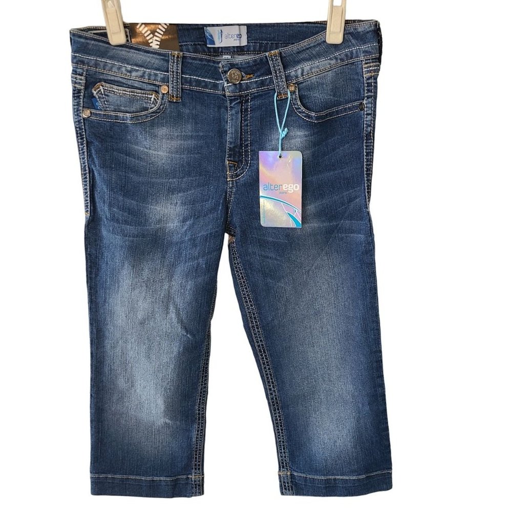 Alter Ego Womens 11 Blue Medium Wash Denim Embellished Mid Rise Shorts NWT